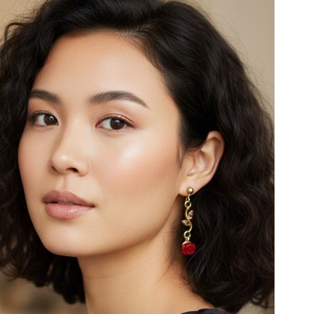 Elegant Red Rose Dangle Earrings